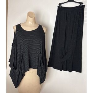 KEDEM SASSON Tank Top & Skirt set Viscose Asymmetrical Artsy Black striped